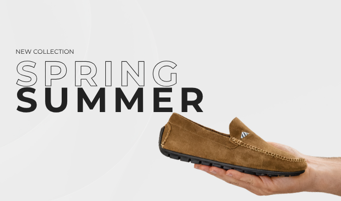 Hand holding a brown suede loafer on a light background with 'New Collection Spring Summer' promotional text