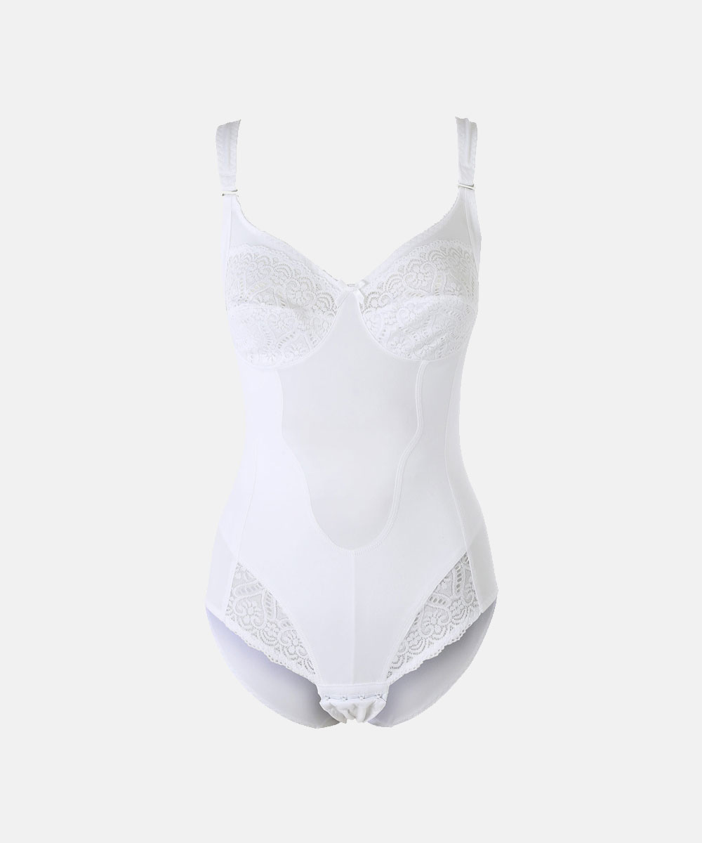 White lace-trimmed underwired shaping bodysuit with adjustable straps and full-coverage control panels