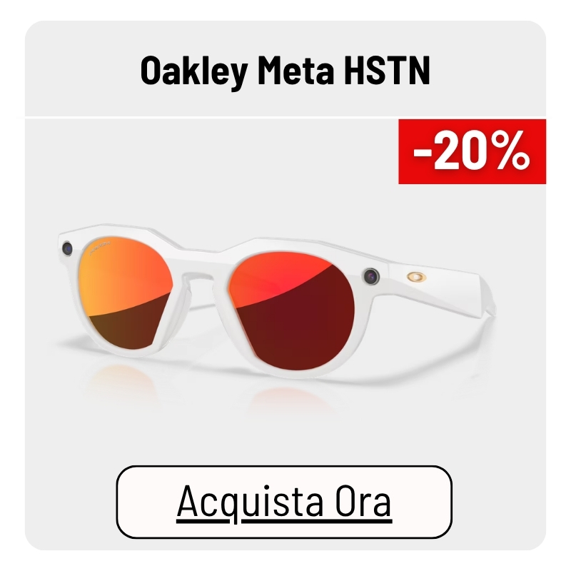 Oakley Meta HSTN white-frame smart sunglasses with red mirrored lenses and built-in camera, product image showing 20% off