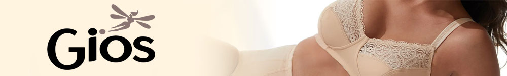 Gios logo beside close-up of a woman modelling beige lace-trimmed bra and matching shapewear on a cream background