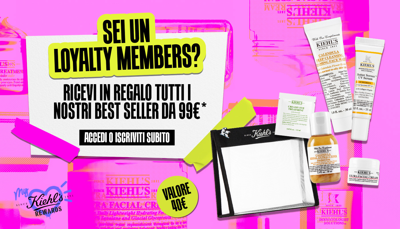 Banner rosso &ldquo;Solo per i Loyalty Members&rdquo; con testo omaggio 3 mini-taglie da viaggio da 109&euro; di spesa. In basso mini-size Kiehl&rsquo;s Ultra Facial Toner, Creamy Eye Treatment e Super Multi-Corrective Cream.