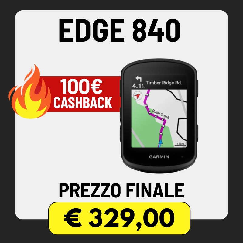 Garmin Edge 840 cycling GPS device showing map, 100€ cashback badge and final price €329,00 on yellow tag