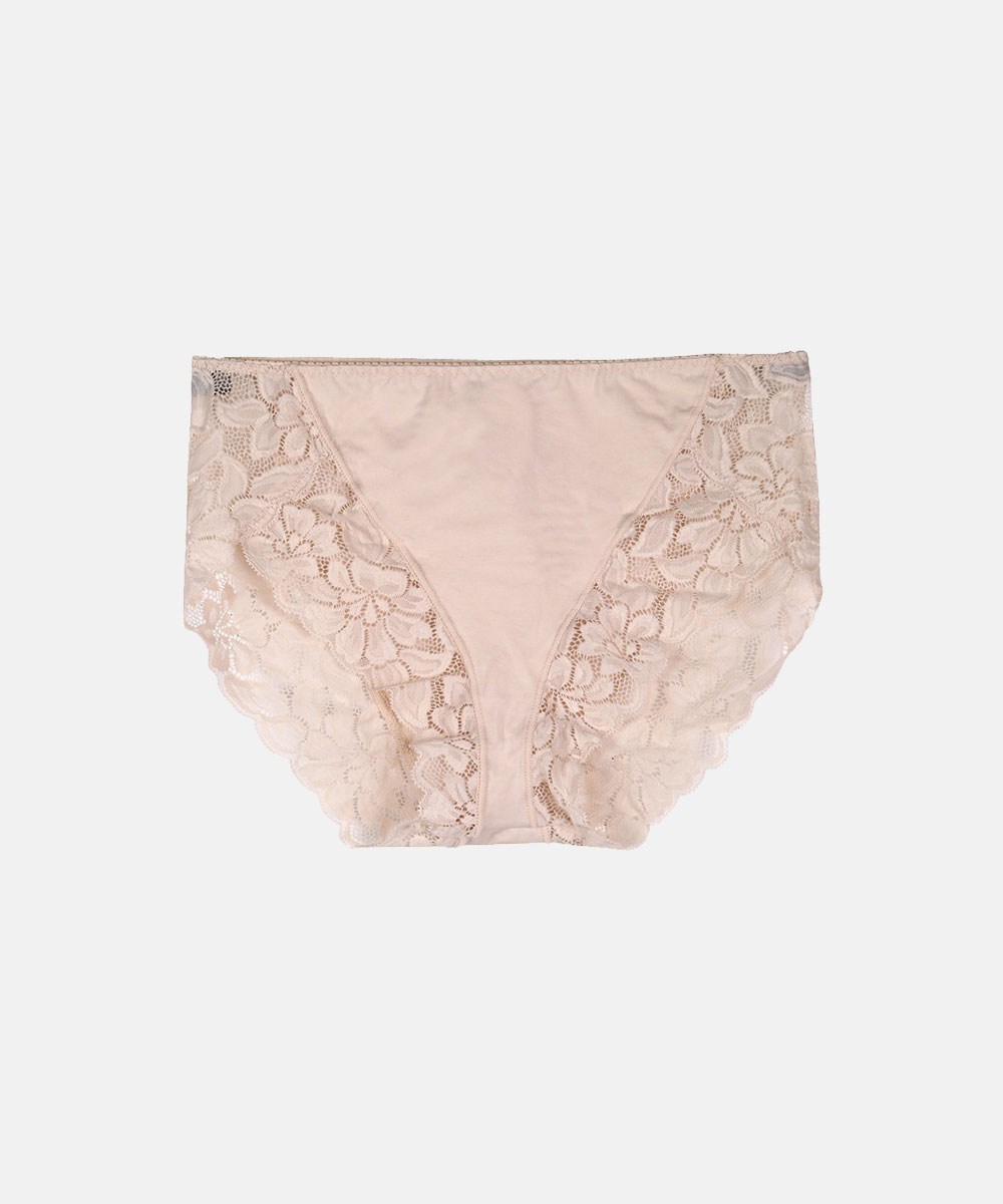 Nude floral lace women's briefs with scalloped edges and cotton front, front view on white background