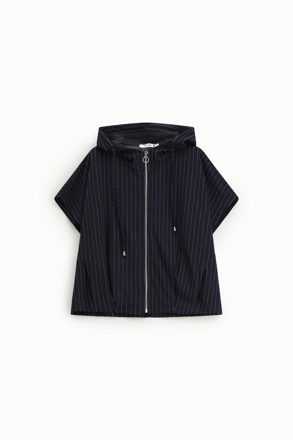 Women's navy pinstripe short-sleeve hooded jacket with full silver zip and drawstrings