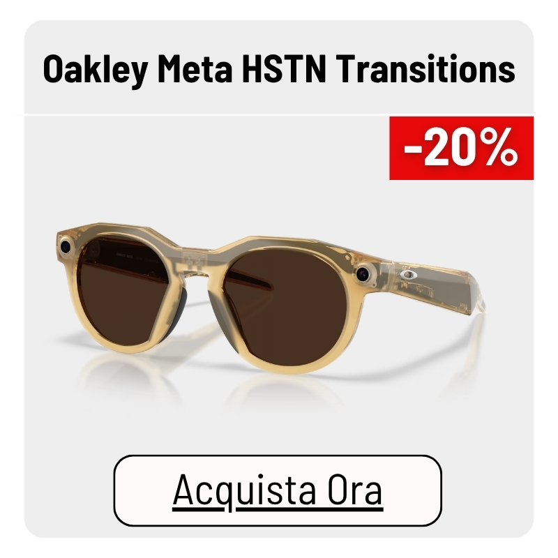 Oakley Meta HSTN Transitions round sunglasses with translucent beige frame and brown lenses, 20% off label