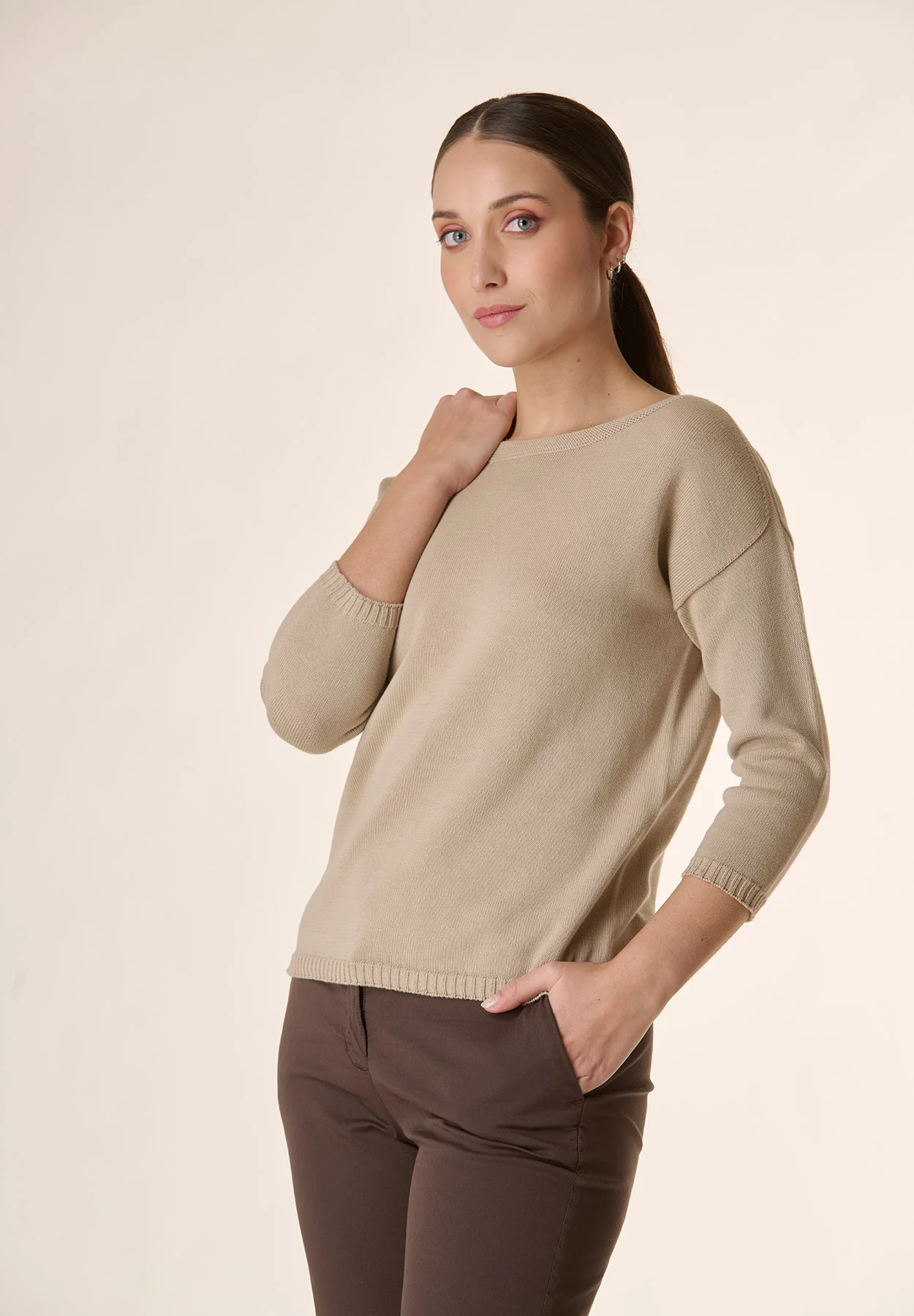 Image of Maglia beige barchetta manica 3/4 cotone