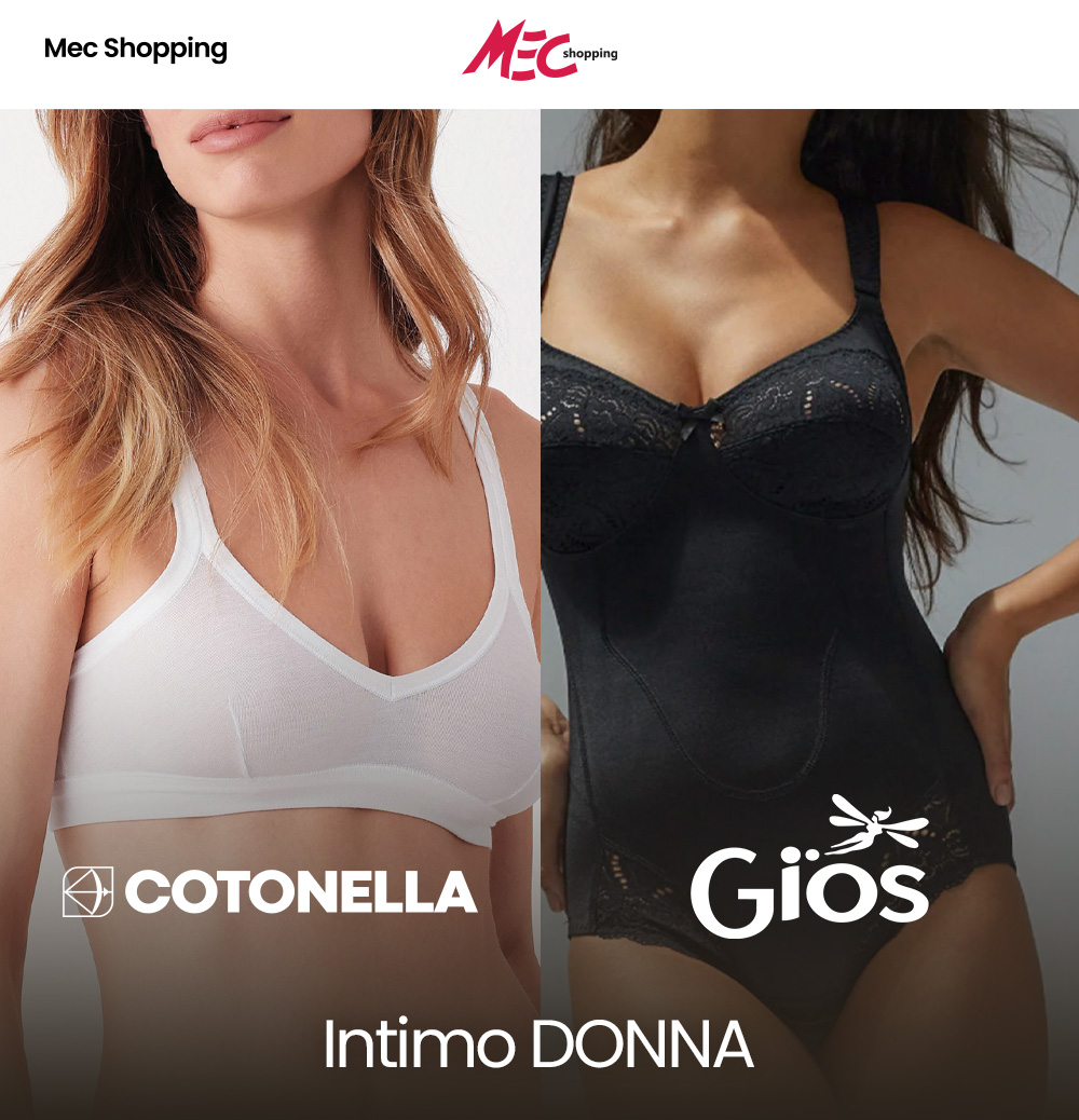 Two women wearing lingerie: left white Cotonella soft bra; right black Gios lace bodysuit with 'Intimo DONNA' banner