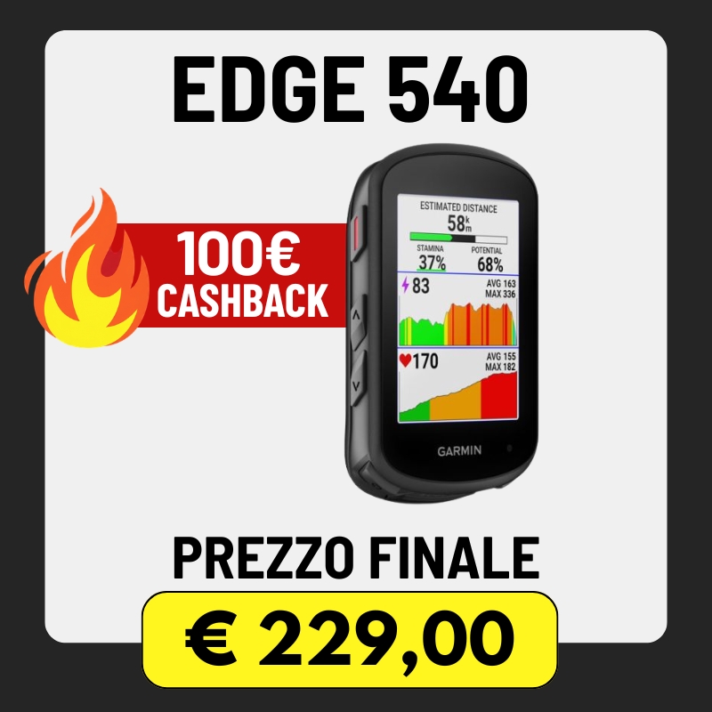 Garmin Edge 540 cycling GPS device with 100€ cashback badge and highlighted final price €229, product display for sale