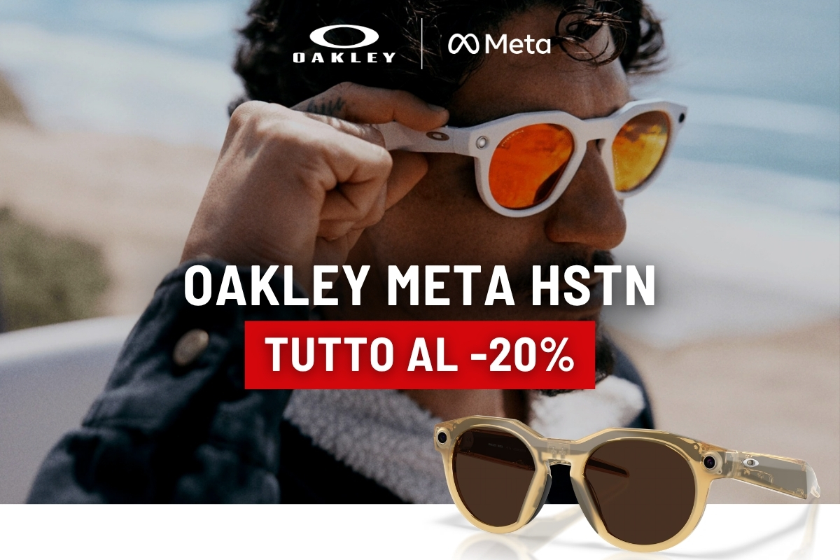 Oakley x Meta promo banner: man wearing white-frame orange-lens Oakley Meta sunglasses, clear-frame pair in foreground, 20% off