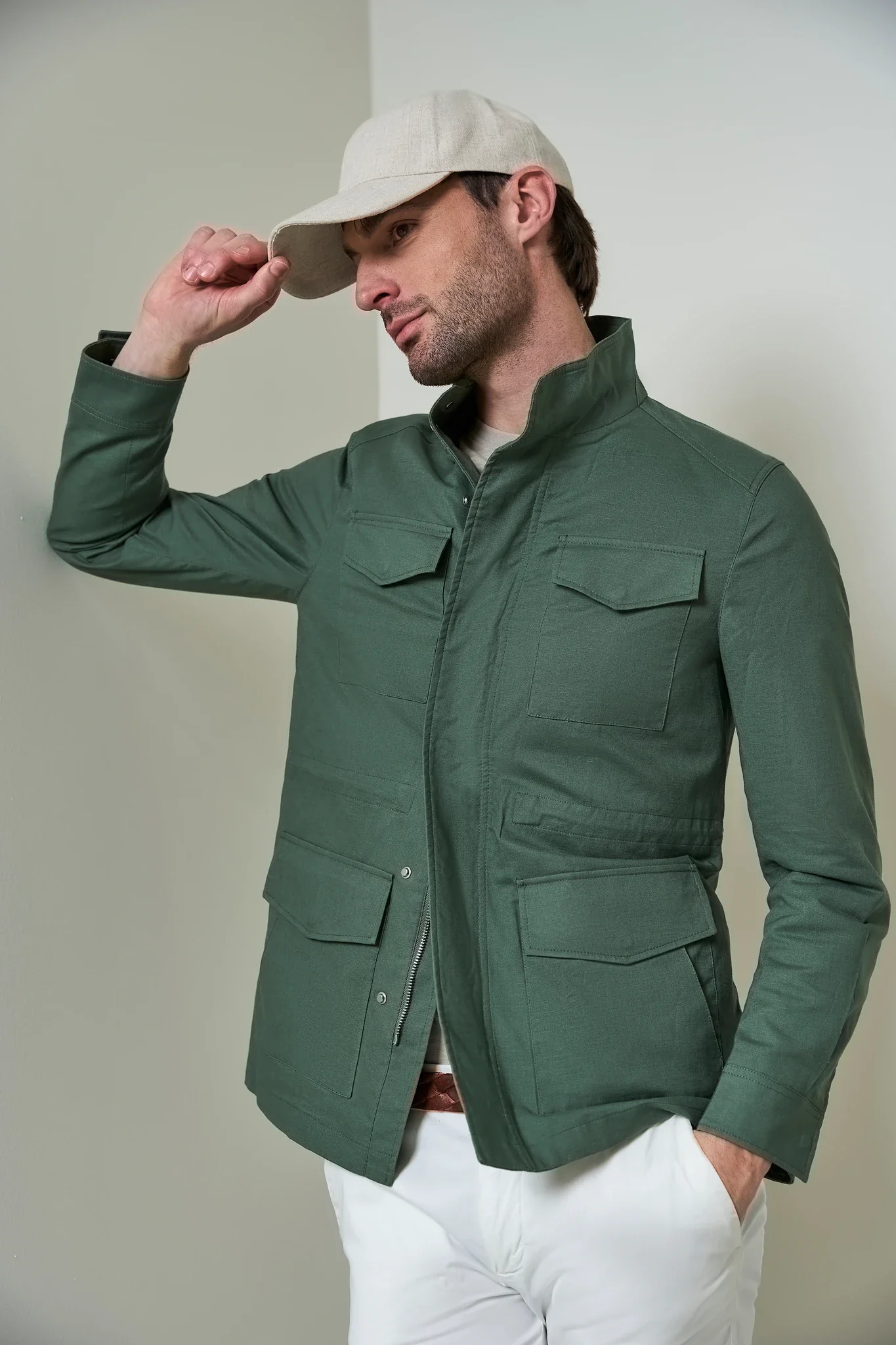 Image of Giacca sahariana verde lino cotone