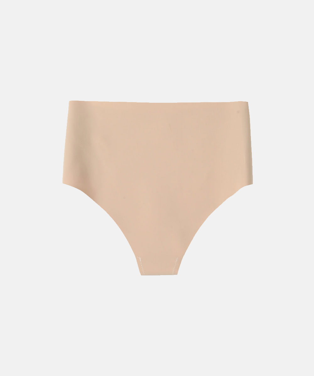 Seamless high-waist beige women's briefs laid flat on white background