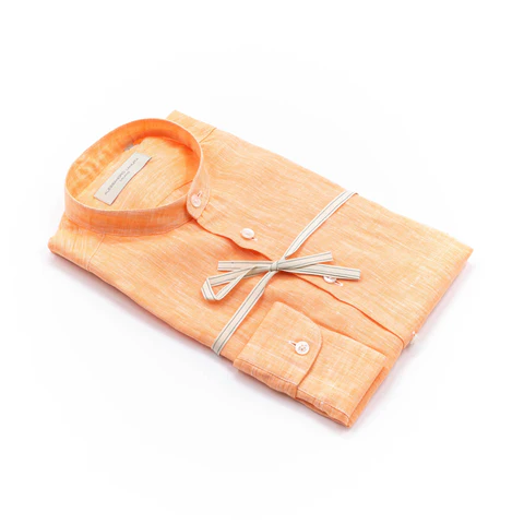 Camicia in Lino Arancione con Colletto alla Coreana