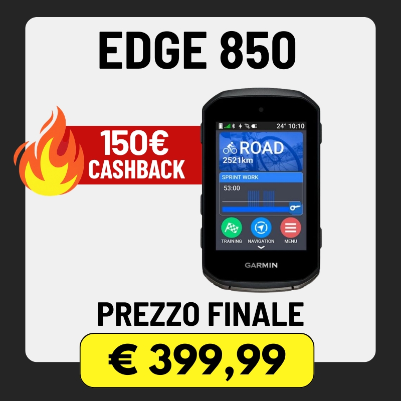 Garmin Edge 850 cycling computer on promotional banner showing €150 cashback and final price €399.99