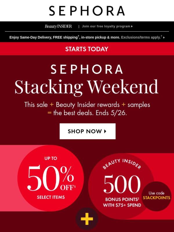 Save up to 50% on select beauty 💄 Plus spend $75 to earn 500 bonus points.