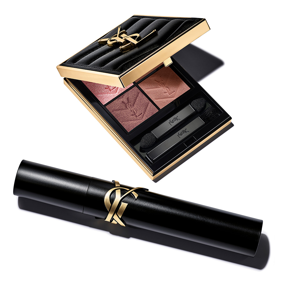 Una presentazione essenziale delle icone YSL BEAUTY: la palette di ombretti COUTURE MINI CLUTCH e il mascara LASH CLASH, che esalta l'iconico design couture nero e oro.