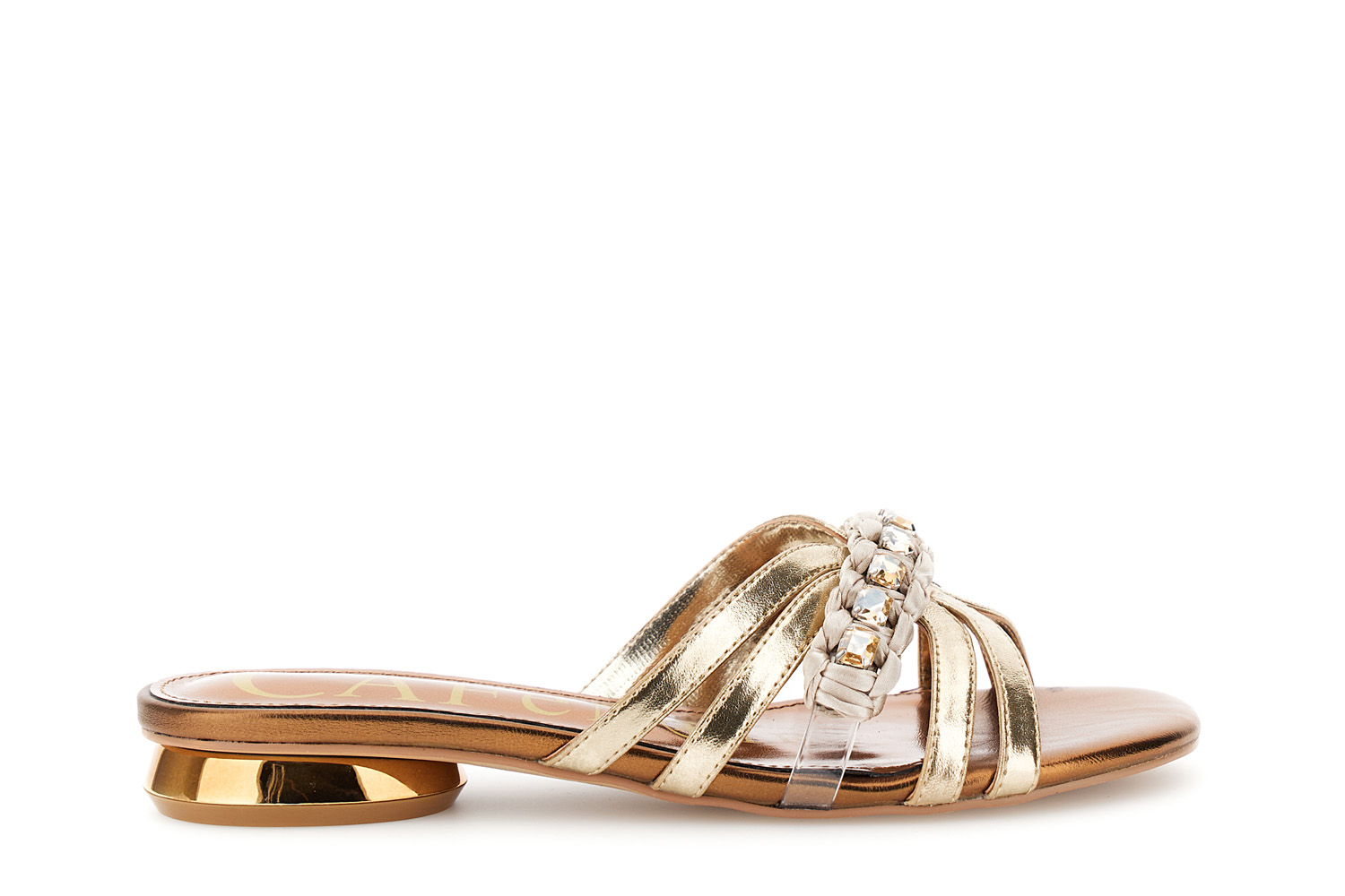 Image of sandali modello ciabatta in effetto pelle laminata con acc. strass oro