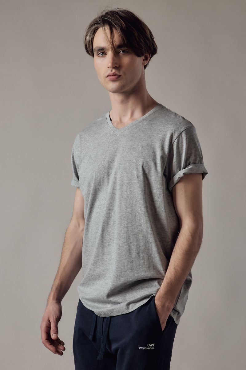 T-Shirt Scollo a V Grigio Chiaro Melange