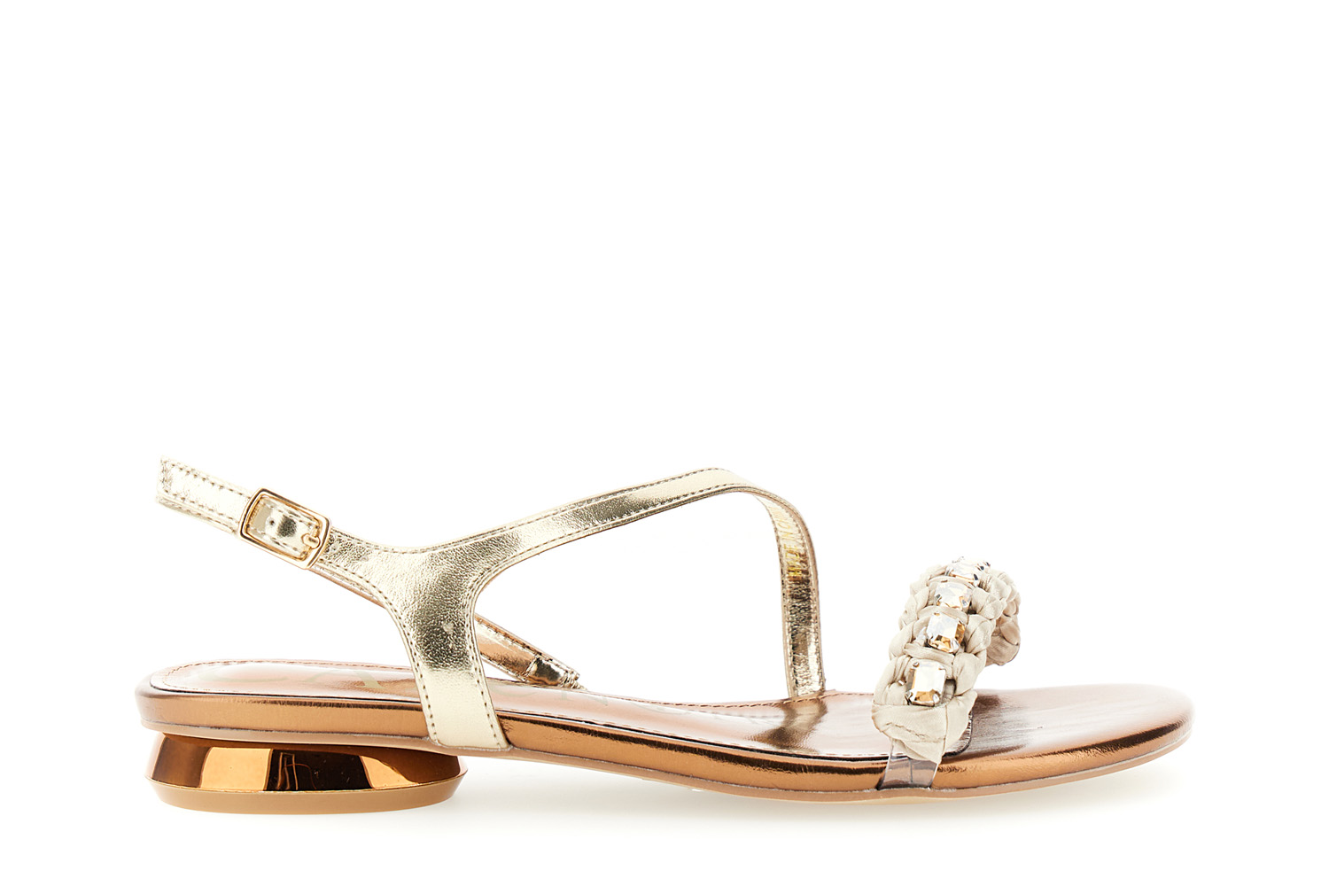 Image of sandali asimmetrici effetto pelle laminata con strass oro