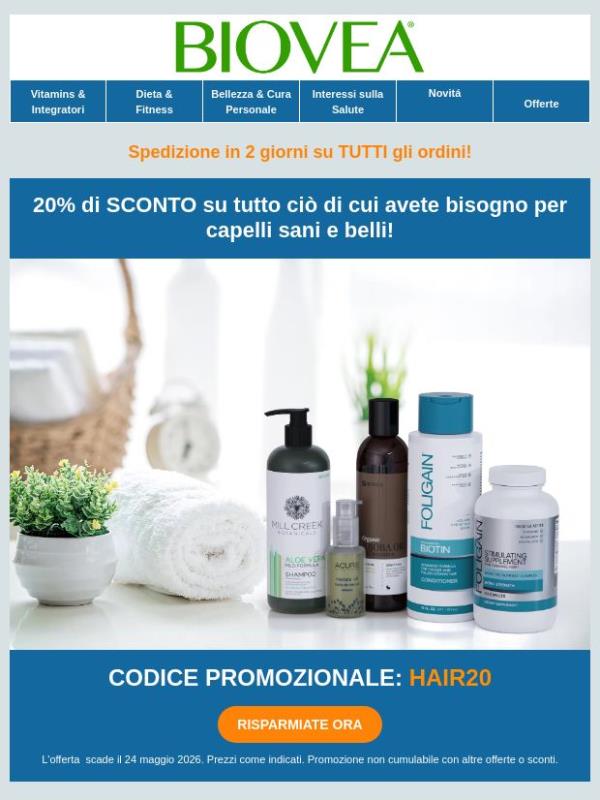 Sblocca un risparmio del 20% su tutti gli essenziali per capelli per ottenere capelli vibranti!