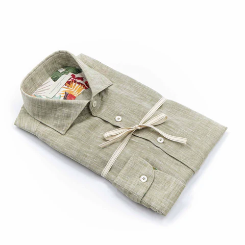 Camicia in Lino Verde Oliva con Interni Fantasia Tropicale