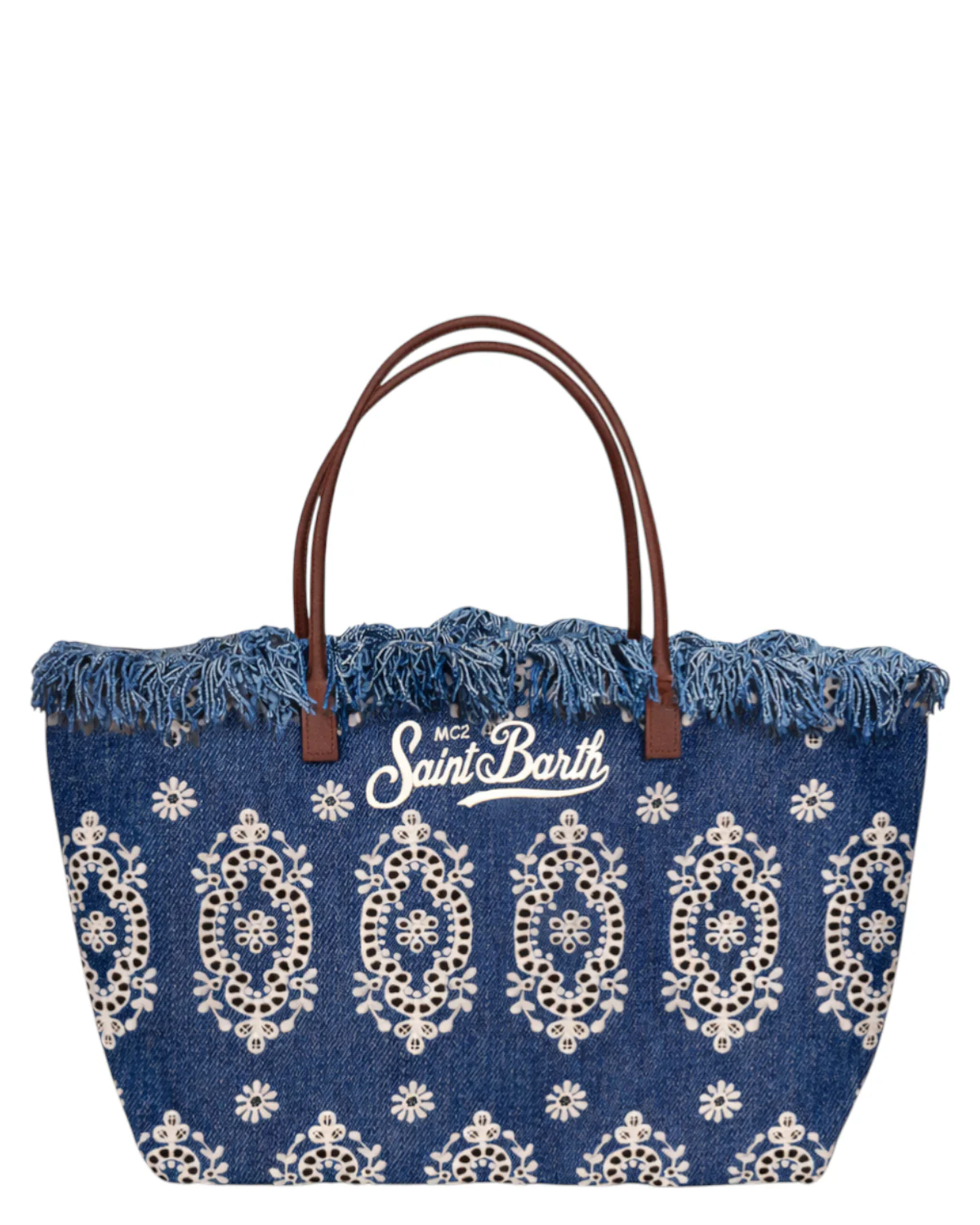 Image of Borsa City Regular Sangallo denim con Frange