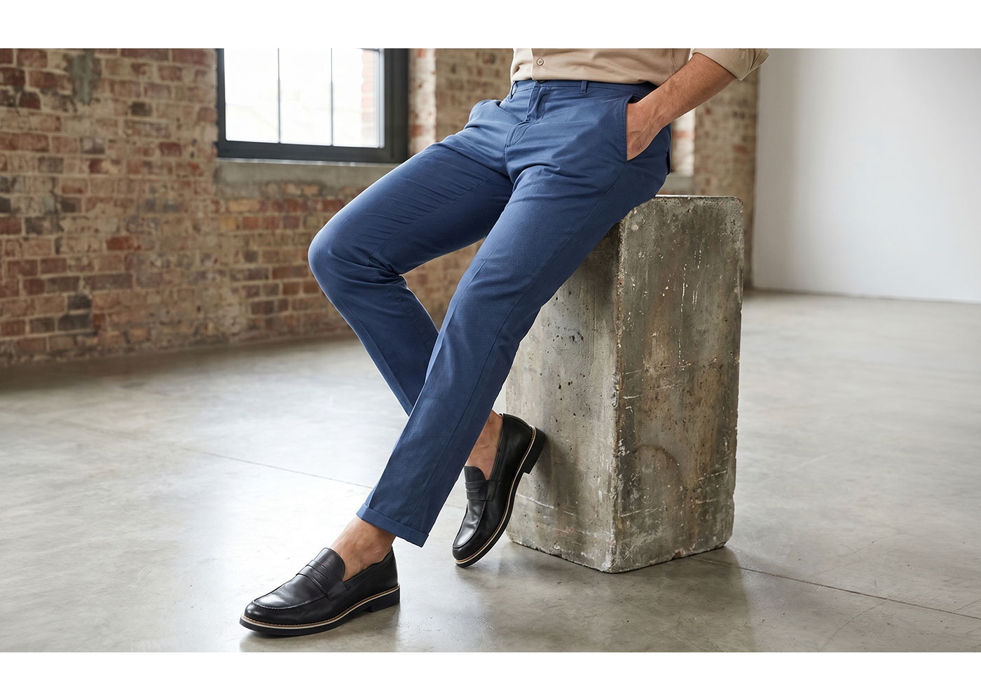 Man sitting on a concrete block in an industrial loft wearing blue chinos and black leather loafers