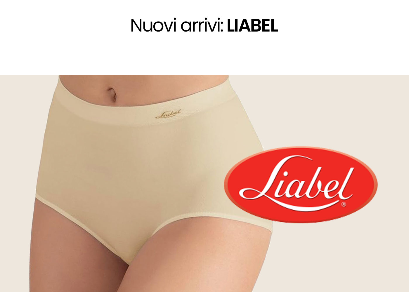 Beige high‑waist seamless women's briefs by Liabel, front view with red Liabel logo