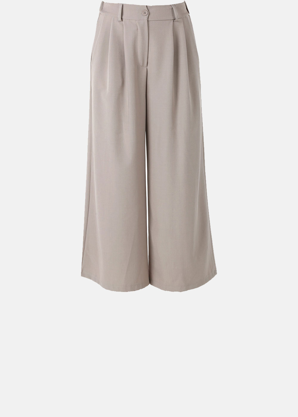 Beige wide-leg cropped trousers with high waist, front pleats and button fastening, flat-lay product image