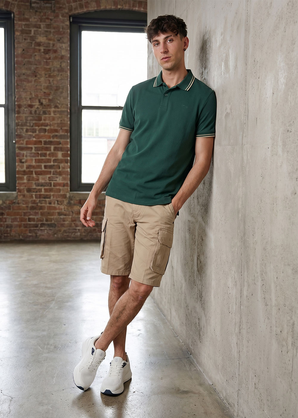 Young man leaning against a concrete wall in a loft wearing a dark green polo, beige cargo shorts and white trainers