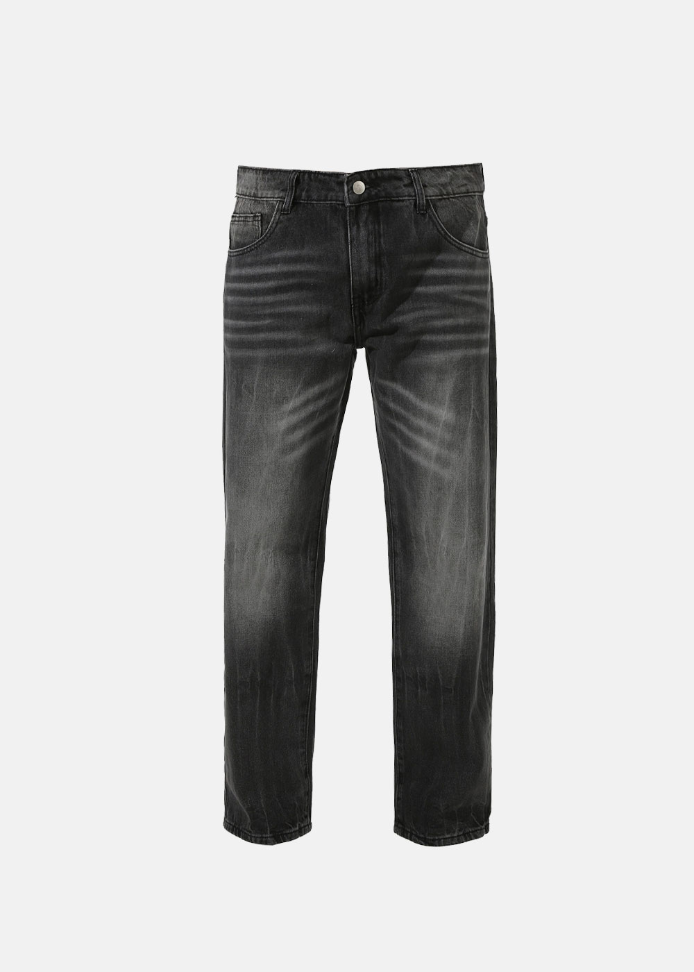 Men's black washed straight-leg jeans, front view on white background