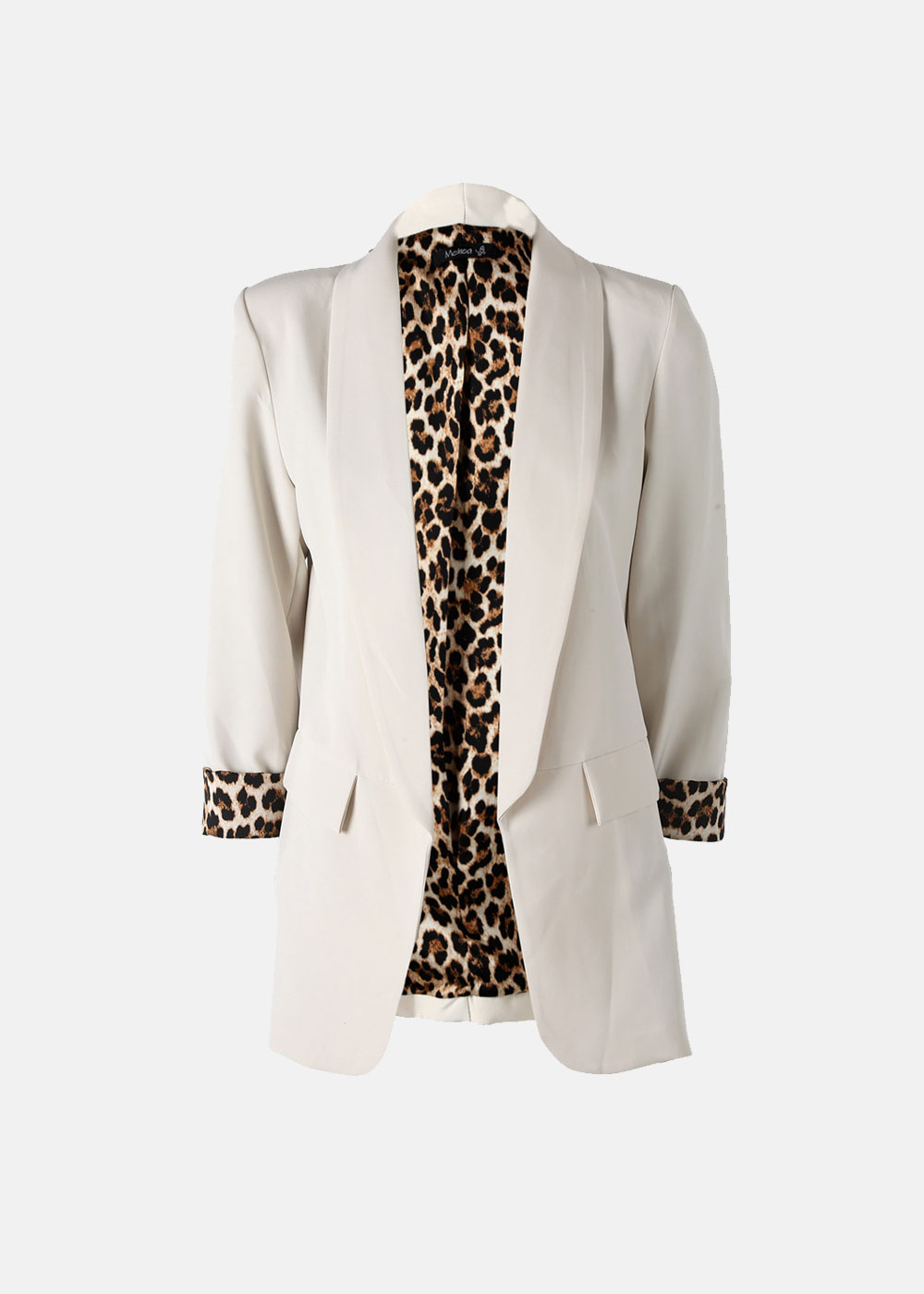 Cream women's open-front blazer with leopard-print lining and turned cuffs, three-quarter sleeves, tailored jacket