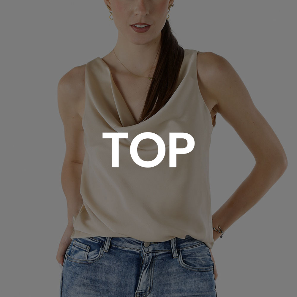 Model wearing beige cowl-neck sleeveless satin top tucked into blue jeans, hands in pockets, 'TOP' text overlay