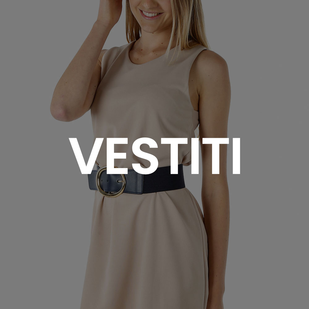 Woman modelling beige sleeveless dress with black wide belt and gold round buckle, text 'VESTITI' overlay