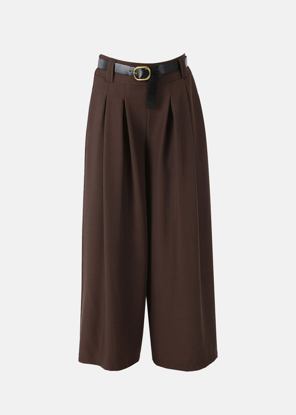 High-waisted brown wide-leg tailored trousers with front pleats and black leather belt with gold buckle on white background