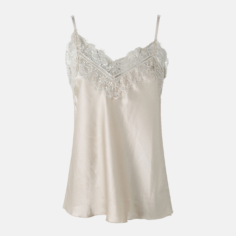 Silk-look beige camisole top with delicate floral lace V-neck and adjustable spaghetti straps