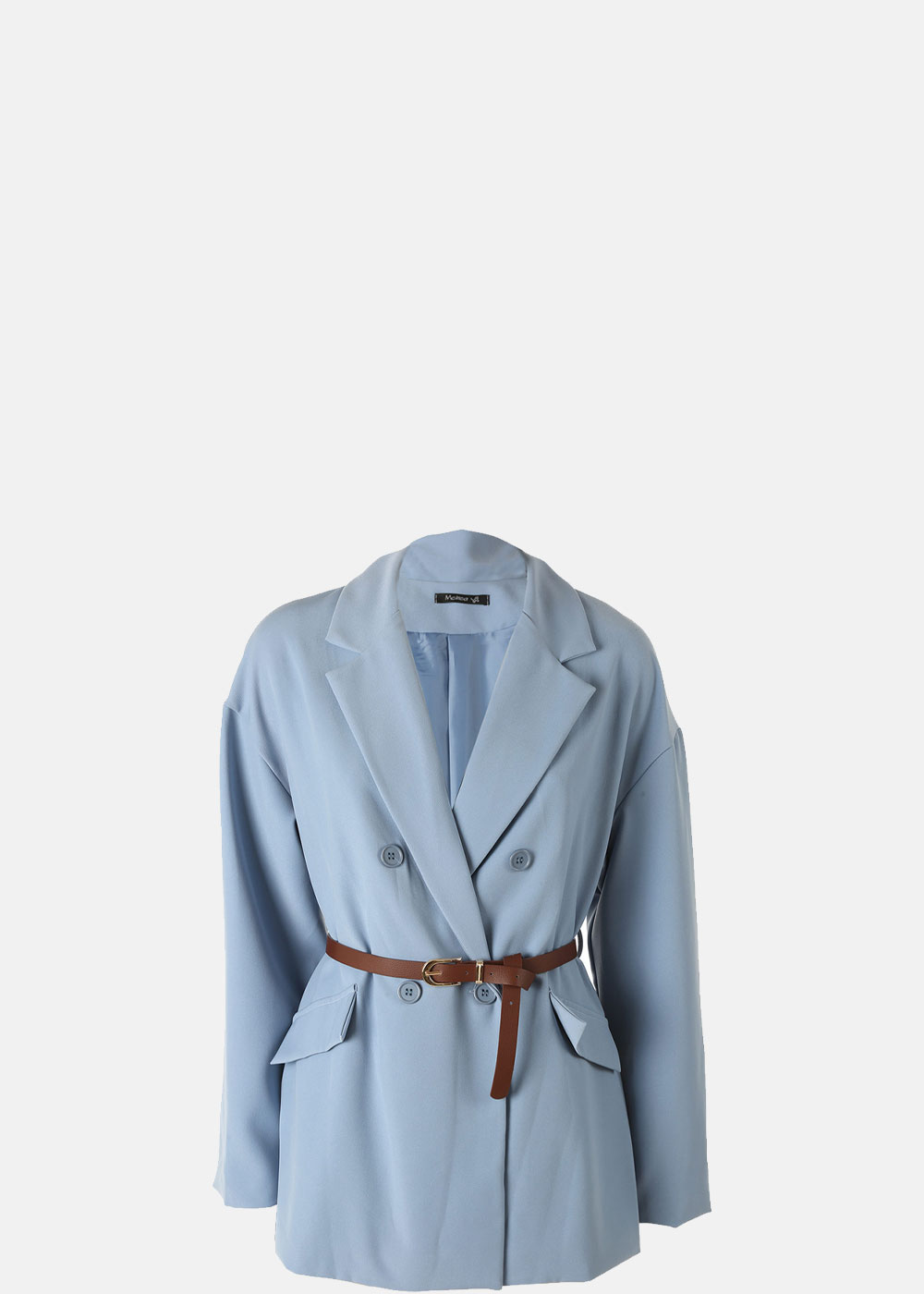 Light blue double-breasted women's blazer with notched lapels, flap pockets and brown leather belt on white background