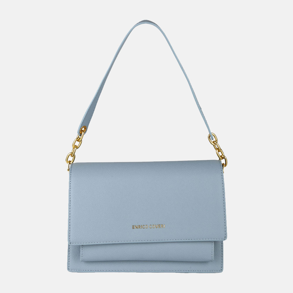 Light blue leather shoulder bag with flap, gold chain strap accents and "Enrico Coveri" logo