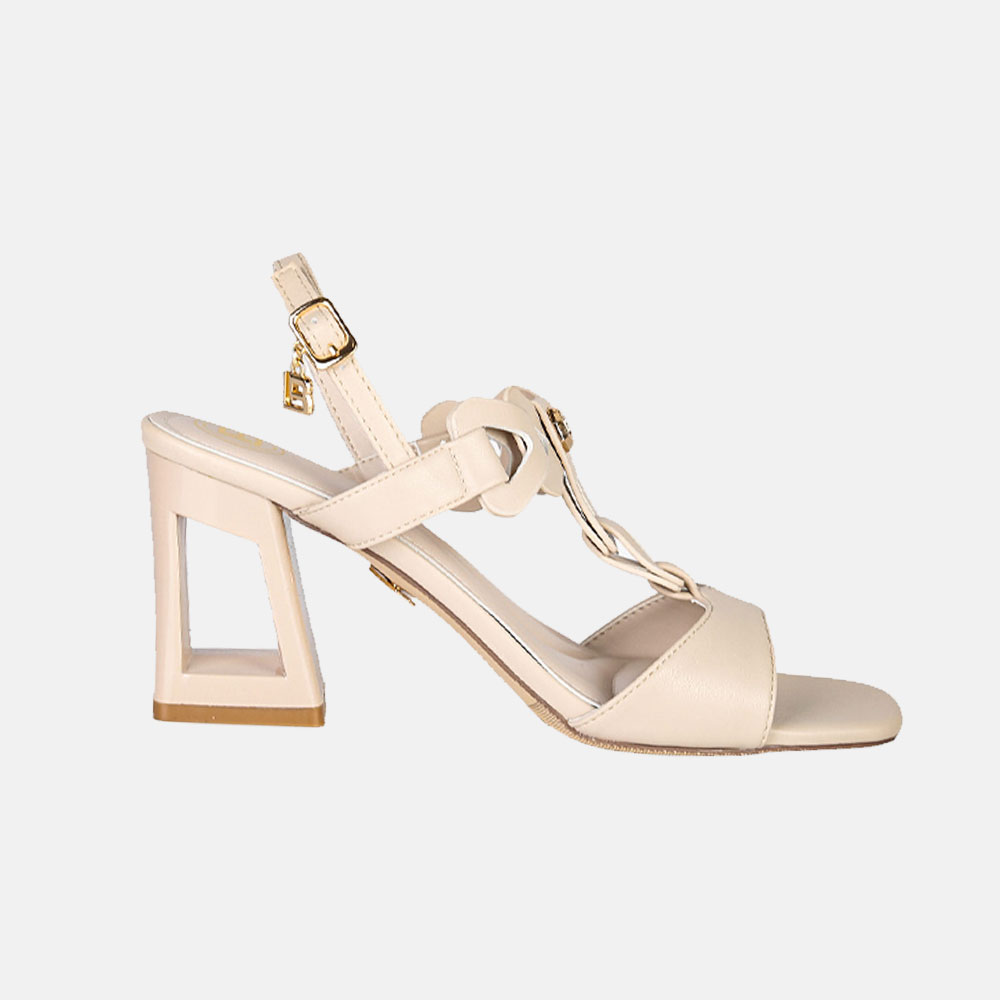 Beige leather women's open-toe heeled sandal with knotted straps, gold chain detail and geometric block heel