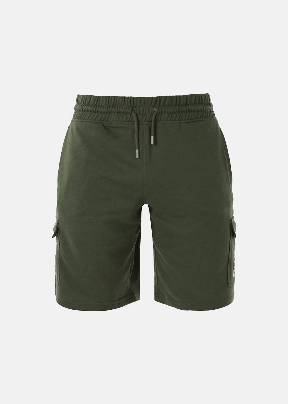 Olive green men's cargo shorts with elastic drawstring waist and side flap pockets, front view on plain white background