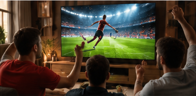 Three friends cheering in a living room while watching a televised football match on a large flat-screen TV.