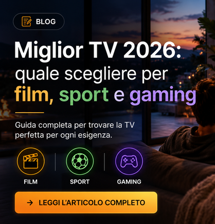 Blog promo: 'Best TV 2026' guide for choosing TVs for film, sport and gaming, person watching TV at dusk