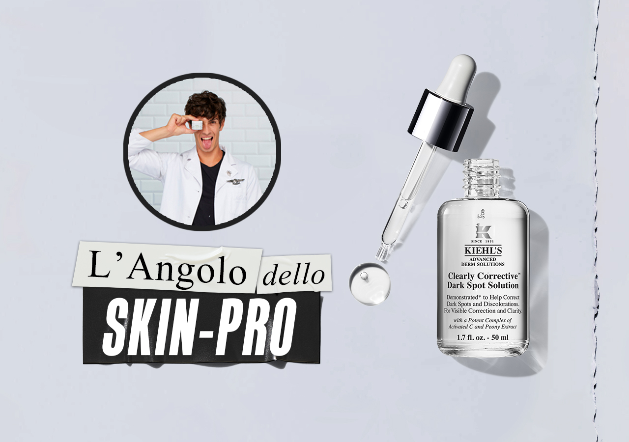 Banner "L&rsquo;Angolo dello Skin-Pro" con foto di un esperto in camice e un flacone di siero Kiehl's con contagocce