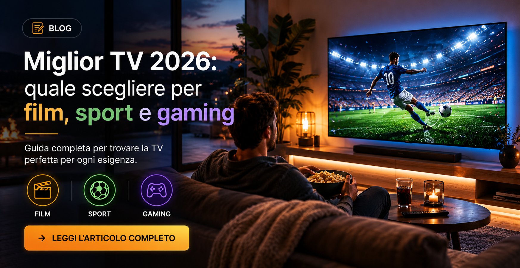 Promotional banner: man on a sofa watching a football match on a large TV in a cosy, dimly lit living room with popcorn and headline about best TVs 2026 for film, sport and gaming
