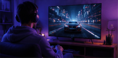 Gamer wearing headset playing immersive racing game on large TV showing sports car speeding through neon-lit city at night
