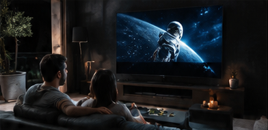Couple on sofa watching a large TV showing an astronaut in space, cosy dimly lit living room with candles and snacks