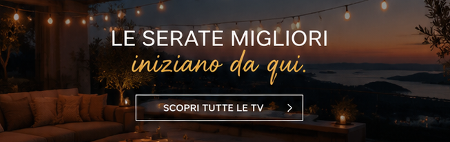 Cosy outdoor terrace at sunset with string lights, plush seating and sea view — banner inviting discovery of TVs.