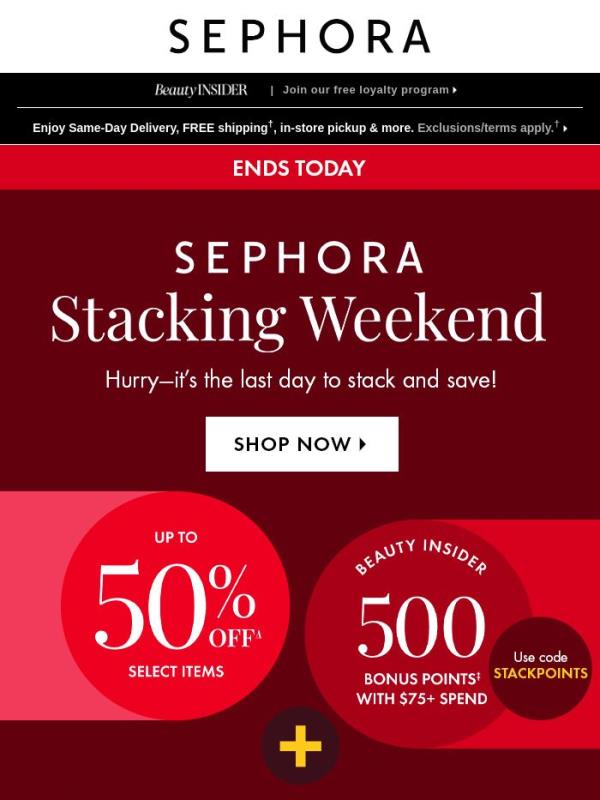 LAST CHANCE 🥺 Get up to 50% off select beauty—plus earn 500 bonus points with $75 min. spend.