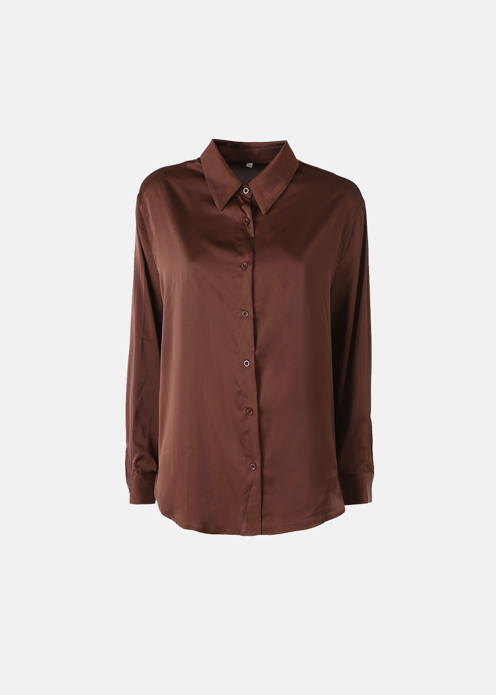 Women's brown satin long-sleeve button-up blouse with pointed collar on white background