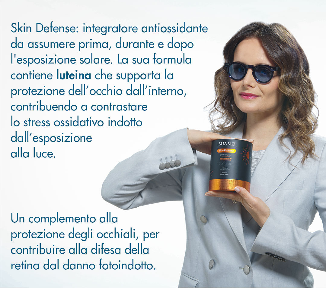 skin defense integratore antiossidante, ideale da assumere prima, durante e dopo l'esposizione solare. Completa la protezione con gli occhiali , contribuendo alla difesa della retina dal danno fotoindotto