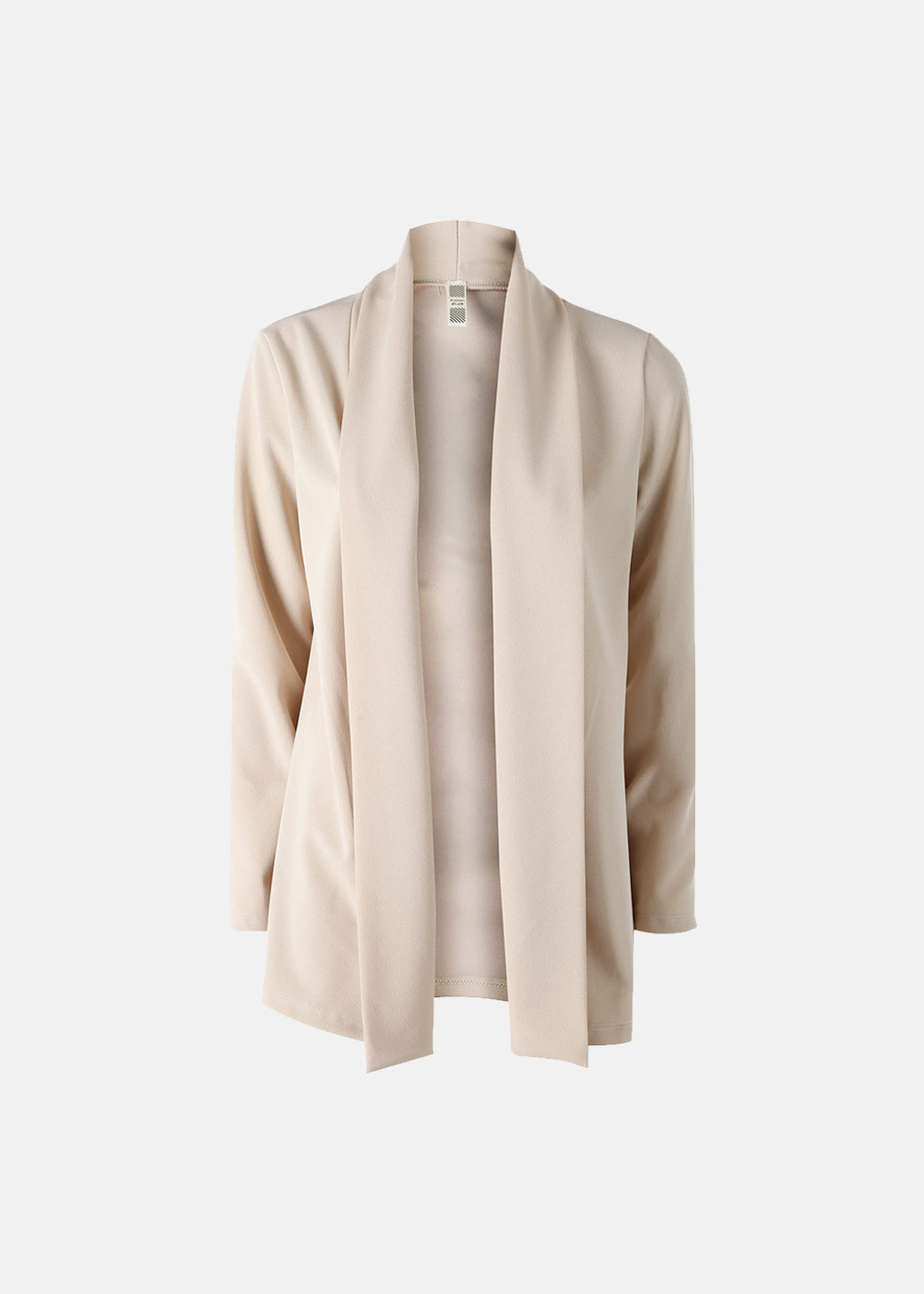 Beige open-front women's lightweight blazer jacket with long sleeves on white background